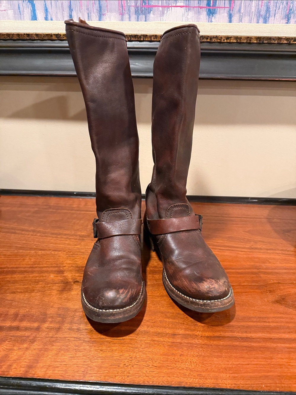 Frye Tall Buckle Veronica Slouch Leather Boot - Brown, Size 6.5-7, Buckle Damage - Picture 2 of 15